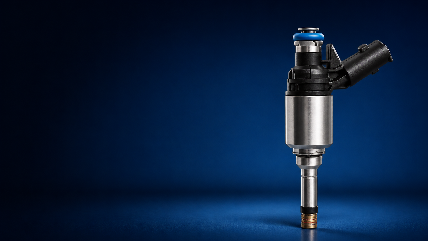 AI-enhanced GDI fuel injector product image on a blue technical background