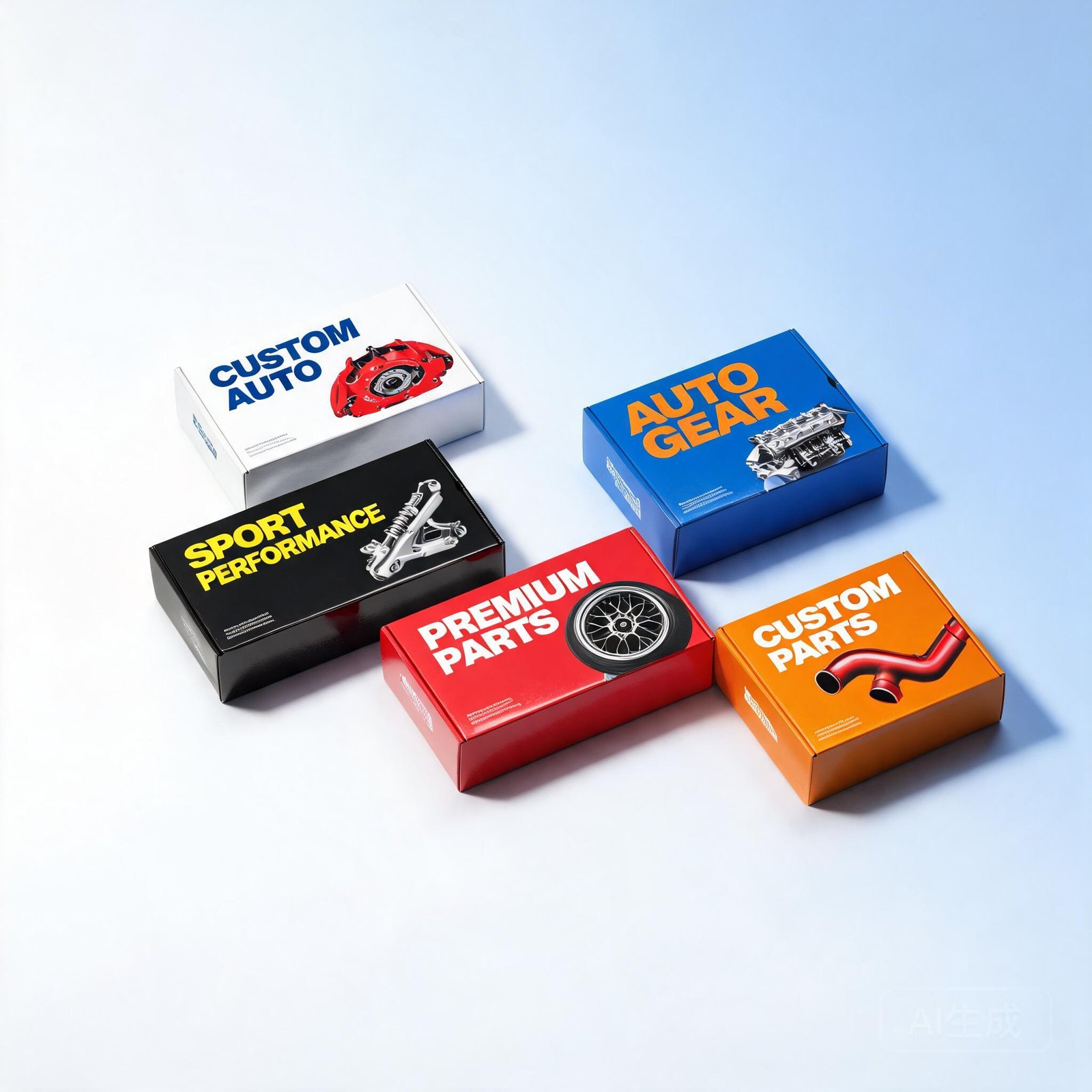 Different auto parts categories and sizes - steering systems, fuel pumps, braking sensors - each requiring a distinct custom color box packaging design